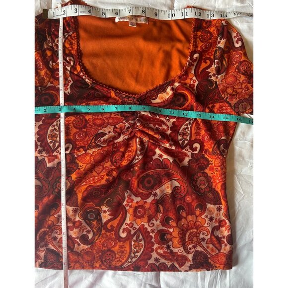 Retro Inspired Mesh Top Juniors L Orange Paisley Bell Sleeves Hippie Boho - Picture 9 of 9